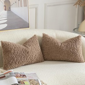 YAERTUN Pack of 2 Faux Fur Cushion Covers Decorative Sherpa Boucle Throw Pillow Covers Fuzzy Soft Sheepskin Fleece Pillowcases for Couch Sofa Bed Living Room 12x20 Inch 30x50cm Khaki