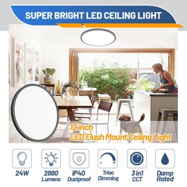 Allsmartlife 4-Pack Led Flush Mount Ceiling Light 12 inch, 24W 2880lm Dimmable CCT 3000K/4000K/6500K Edge-Lit Thin White Round Led Surface Mount Light for Kitchen，Hallway，Bedroom