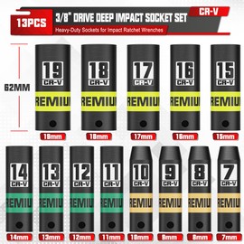 KIRXST 13-Piece 3/8" Drive Deep Impact Socket Set, 7-19mm, CR-V, 6 Point, Heavy-Duty Sockets for Impact Wrenches, Automotive and Home