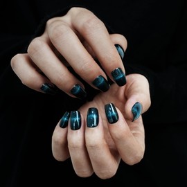 Belleruta Cat Eye Press On Nails, Black Square Fake Nails, Medium 30 pcs Nail Kit with Nail Glue