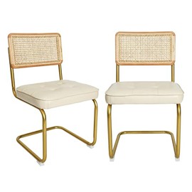 CangLong Modern Dining Chairs Set of 2, Upholstered Faux Leather Seat Armless Accent Chairs with Natural Mesh Rattan Backrest & Metal Legs for Home Kitchen Dining Room, Set of 2, Cream