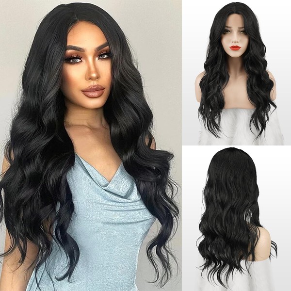 FESHFEN Long Wavy Wigs Black, Lace Front Wig Middle Parting Women Synthetic Hair Wavy Long Wig Natural Wavy Wigs for Women, 65 cm