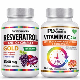 Purely Organics | Combo Resveratrol Gold 1340 mg + Vitamina C 750 mg | Apoyo Antioxidante e Inmunológico | 90 cápsulas c/u