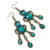 Victorian Style Teal/Azure Acrylic Bead Chandelier Earrings In Antique Gold