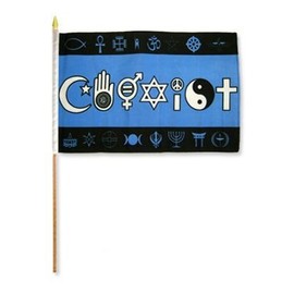 12x18 inch Coexist flag mounted on a 24 inch wooden stick staff (Super Polyester ) cloth Fabric (Sewn Edges for Durability )12"x18" 12x18