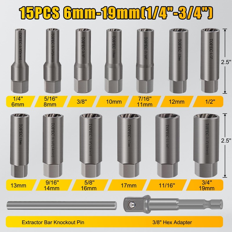 Topec 15PCS Deep Bolt Extractor Kit, 6mm-19mm Nut Extractor Socket