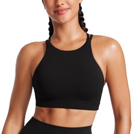 CRZ YOGA Womens Butterluxe High Neck Longline Sports Bras - Criss Cross Wireless Yoga Bra Padded Workout Crop Top Black Medium