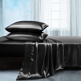 Manyshofu Satin King Sheets Set 4 Piece - Soft Silky Satin Sheets Set, Black Satin Bed Sheets Cooling & Luxury Bedding Sheet Set(1 Satin Fitted Sheet, 1 Satin Flat Sheet, 2 Satin Pillow Cases)