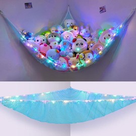 Stuffed Animals Net or Hammock Toy Storage Organizer with LED Light Unicorn Castle Hanging Corner Stuffed Animals Holder Girls Room Decor Decoration Wall Box Pet Hangable Ornaments - Color: blue
