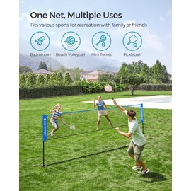 SONGMICS 13 ft Badminton Net, Height Adjustable Volleyball Net, Pickleball Net with Poles, Foldable Nylon Net for Tennis Indoor Outdoor Court, Blue Black USYQ400