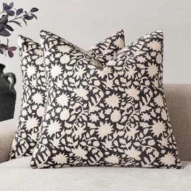 Foindtower Set of 2 Decorative Neutral Floral Throw Pillow Covers Accent Farmhouse Cushion Covers Boho Vintage Pillowcase for Couch Sofa Bedroom Living Room Home Decor Outdoor24×24 Inch,Black