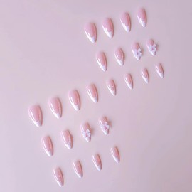 CEWEWP Almond Press on Nails French Tip Medium Fake Nails Nude Pink False Nails Cute Bow Nail Charms Design Acrylic Nails French Pearls Press on Nail Full Cover Glue on Nails for Women Girls 24 Pcs