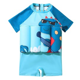 ABEHIK Kids One Piece Floatation Swimsuit for Girls Boys Summer Short Sleeve Lovely Bathing Suits with Adjustable Buoyancy Float Suit Swimwear Swim Vest Blue 18-24 Months