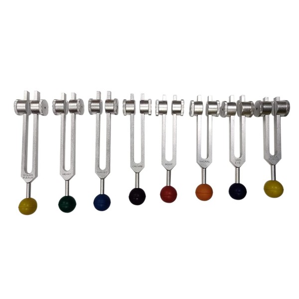 Radical 8 Chakra & Soul Purpose Cosmic Weighted Healing Tuning Forks with Chakra Colored Rubber Balls, Activator & Pouch