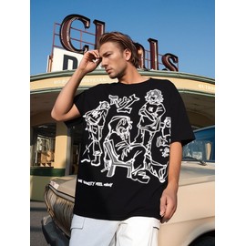 Oversized Graphic Tees Men Vintage Y2K Print Shirts Streetwear Unisex Harajuku T-Shirts Black XL