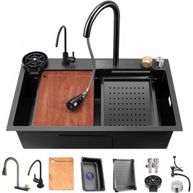 Black Nano Kitchen Sink 304 Stainless Steel Waterfall Sink Single Bowl Workstation Kitchen Sink With Multifunctional Top Loading Flying Rain pull-out faucet （Black，29.5x17.7x8.3 inch）
