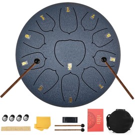 Eavnbaek 11-Note 10-inch Rain Drum for Outside Garden, Rain Chime Drum for Rain Outdoor, Steel Hand Drum Sound Healing Steel Drum Kit (Navy Blue)
