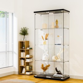 HAMBING Glass Display Cabinet, 4-Shelf 2 Doors with LED Push Light & Lock, Tempered Glass Curio Display Cabinet Standing Glass Bookshelf Showcase for Bedroom, Living Room, Black