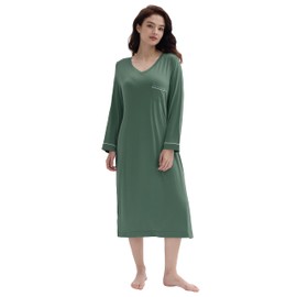 Joyaria Long Bamboo Viscose Nightshirt for Women Cozy Warm Jersey Knit Pajama/PJ Dress for Ladies (Olive, Medium)