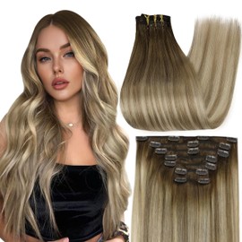Full Shine Hair Extensions for Women Real Human Hair Clip ins Extensions 14 Inch Clip in Hair Extensions Human Hair Silky Straight Brown Balayage Ash Brown Mix Blonde Human Hair Extensions