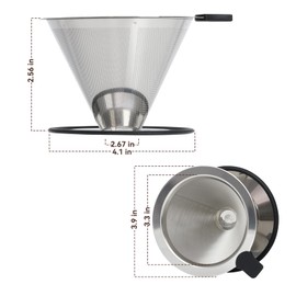 Pour Over Coffee Dripper Filter: Reusable Stainless Steel Coffee Filters - Metal Cone Filter Paperless Single Cup Coffee Maker 1-2 Cup with Double Mesh & Non-slip Cup Stand Sliver