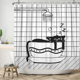 ASDCXZ Funny Shower Curtain 180x200 cm, Modern Black White Bathroom Funny Cat Sleep Washable Bath Shower Curtains Polyester Textile Waterproof Shower Curtain for Bathtub with 12 Hooks