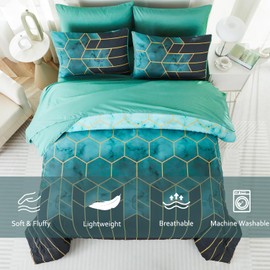 PERFEMET Green Comforter Full 7 Pieces,Geometric Comforter Set, Gold Striped Fluffy Bedding Set,Bed in A Bag for Bedroom Decoration