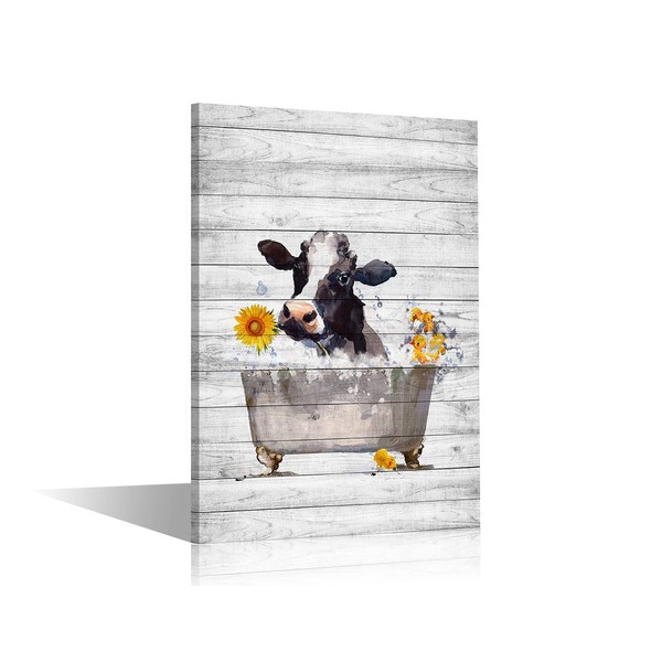 Canvas Wall Art Bathroom Decor Art Prints Painting for Living Room Bedroom Cute Animal Heifer Take Shower in Bathtub Bubbl Pictures Framed Artworks for Walls Ready to Hang 12x18inch, Animals-07