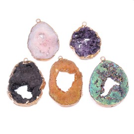 5Pcs Natural Druzy Agate Necklace Pendants Gemstone Charm Pendants Golden Plated for Necklace Bracelet Jewelry Making