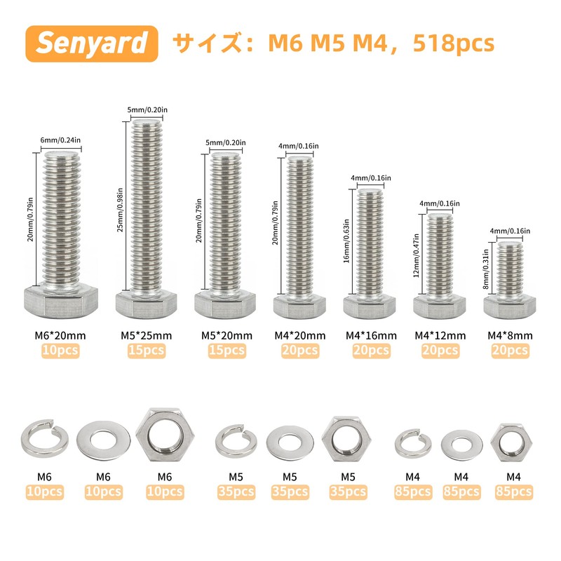 Senyard Hex Bolts, Rustproof Stainless Steel Bolts and Nuts Set,