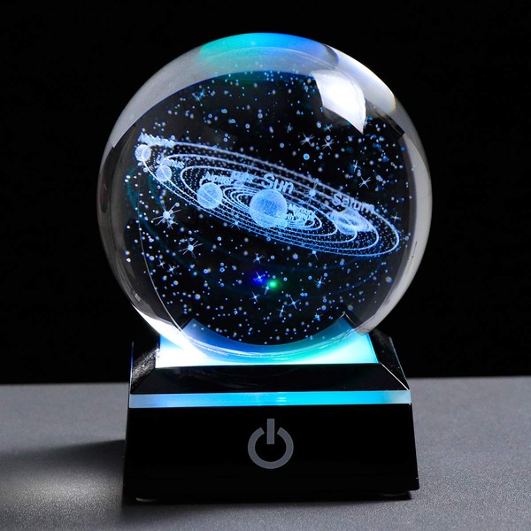 3.15" (80 mm) Solar System Crystal Ball 3D Sun System Planets Model Globe with LED Base Home Decorative Ornament Astronomy Gifts (Black base)