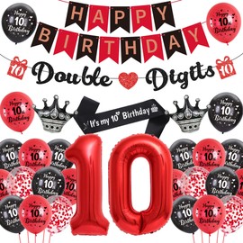 10th Birthday Decorations for Boys Girls - Red Black Happy Birthday Double Digits Banner Garland, Crown Number 10 Foil Balloons and Sash for 10 Years Old Children Party Supplies