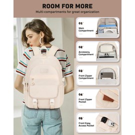 KROSIAS School Backpack for Teen Girls Women, Lightweight Cute Bookbag Large 15.6 Inch Laptop Bag for High School College Students - Beige