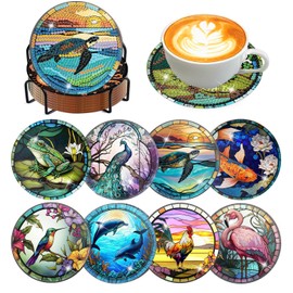 Meothan 8 Pcs Diamond Art Coasters Kits for Adults with Holder Cork Pads, Diamond Dots Art Painting Coasters Crafts Kit for Home Office Decor (Different Animals)