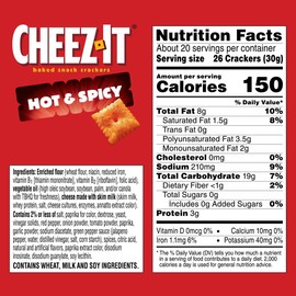 Cheez-It Baked Snack Crackers, Lunch Snacks, Family Size, Hot and Spicy, 21oz Box (1 Box)