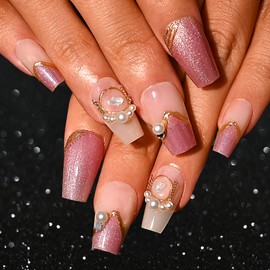 Sethexy Coffin Press on Nail Long - Glitter French Tip, Gold Line, Sequins Design Acrylic False Nail for Women 15 Sizes - 30 Pcs Nail Kit with Glue