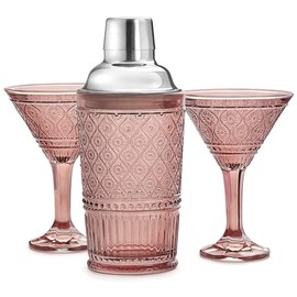 Godinger Cocktail Shaker and Martini Glasses Barware Gift Set, Martini Shaker and 2 Cocktail Glasses Set, Vintage Decor, Claro Collection, Rosewood