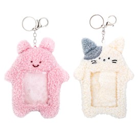 oruola 2pcs Pc Holder Kpop,Photocard Holder Keychain Plush Cartoon 6.3 X 5.12 In,Cute Rabbit Kitten Photocard Holders Keychain,Photo Sleeve Protective for Id Card,Pink,White