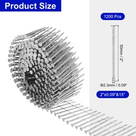uxcell 1200 Count Siding Nails 2"x0.09" 15-Degree 304 Stainless Steel Ring Shank Full Round Head Collated Wire Coil for Lath and Sheathing Materials