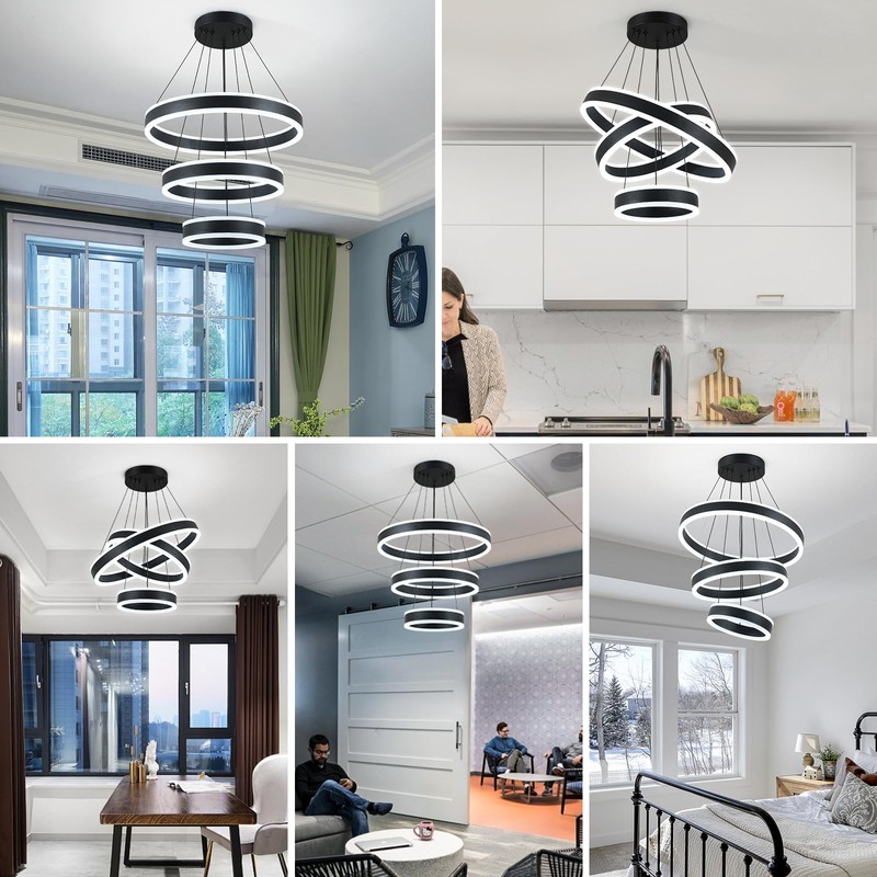 O'NEELDY Modern LED Chandeliers Adjustable Hanging Black Pendant Light Fixture