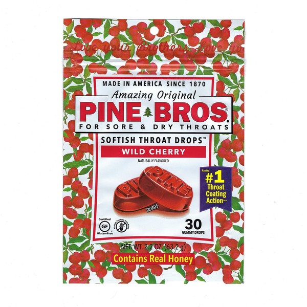 Pine Bros. Gummy Sore Throat Softish Drops 30 Count (Wild Cherry)