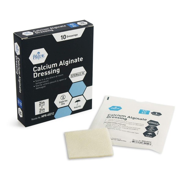 Medpride Calcium Alginate Wound Dressing Pads| 2” x 2” Patches, 10-Pack| Antimicrobial, Non-Stick Padding, Sterile, Highly Absorbent & Comfortable| Flexible & Gentle on The Skin, Faster Healing