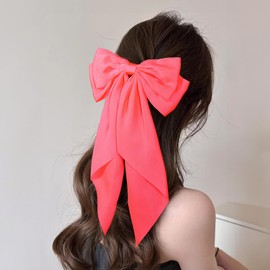 Large Hair Bow, Silky Satin Bowknot Hair Clip, Oversized Long Tail Hair Ribbon Barrette for Women Girls Ponytail Hair Accessories, Hot Pink