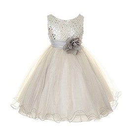 Absolutely Beautiful Sequined Bodice with Double Tulle Skirt Party flower Girl Dress-KD305-Silver-M