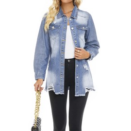 Womens Denim Ripped Distressed Button Down Mid Long Casual Jean Jackets X-Large