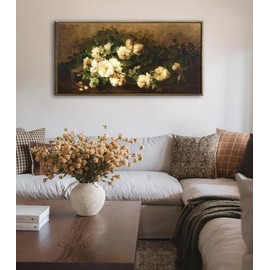 DJSYLIFE Framed Canvas Wall Art, Vintage Flower Pictures Wall Decor, Classical Artwork White Roses Still Life Paintings Print, Home Decorations for Living Room, Bedroom Farmhouse Country Decor 20"x40"