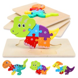 Wooden Dinosaur Puzzles for Toddlers 2-4, 3-Pack Montessori Toys for 3 Year Old, Montessori Toys for 3 Year Old, Toddler Learning Toys for Ages 2-4, Ideal Gifts for Boys and Girls 2 3 4 5