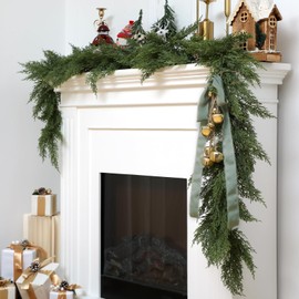 Shihanee Christmas Artificial Cedar Garlands with Metal Vintage Bell on Rope Realistic Soft Green Cedar Garland Faux Xmas Greenery Garland for Holiday Indoor Mantle Fireplace Decor (5 Feet)