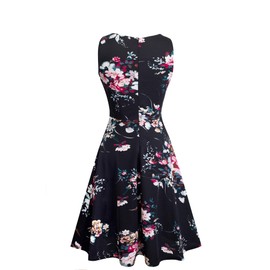 Homeyee women's vintage, round neck, sleeveless, flowers embroidered, knee-length cocktail dress, UKA079. - Black and floral., size: l