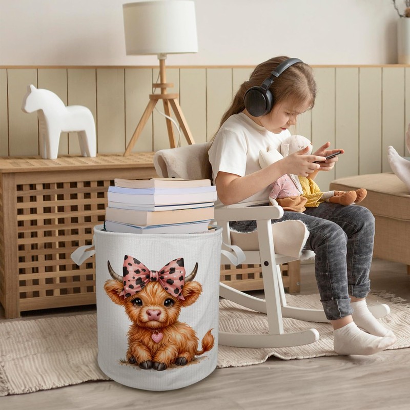 Briblaze Pink Bow Highland Cow Laundry Basket, Toybox for Girls,
